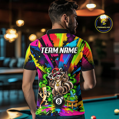 Custom Smoking Raccoon 8 Ball Men Billiard Polo 1/4-Zip Shirt Splatter Funny Pool Billiard Apparel NYN5074