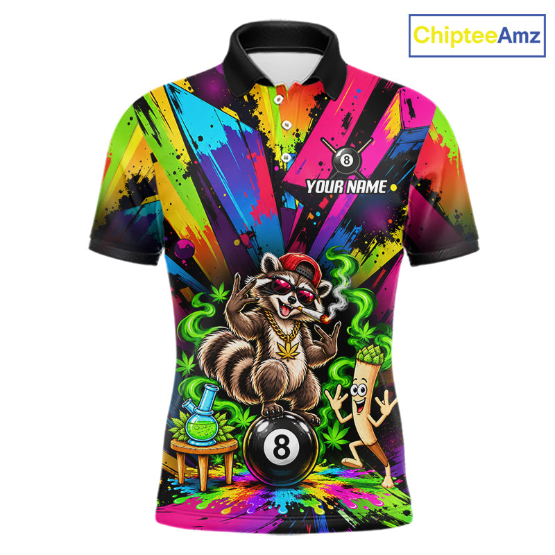 Custom Smoking Raccoon 8 Ball Men Billiard Polo 1/4-Zip Shirt Splatter Funny Pool Billiard Apparel NYN5074