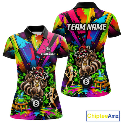Custom Smoking Raccoon 8 Ball Women Billiard Polo 1/4-Zip Shirt Splatter Funny Pool Billiard Apparel NYN5074