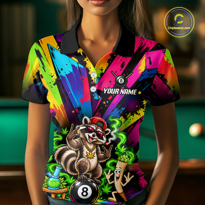 Custom Smoking Raccoon 8 Ball Women Billiard Polo 1/4-Zip Shirt Splatter Funny Pool Billiard Apparel NYN5074