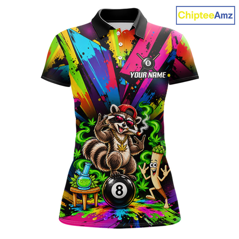 Custom Smoking Raccoon 8 Ball Women Billiard Polo 1/4-Zip Shirt Splatter Funny Pool Billiard Apparel NYN5074