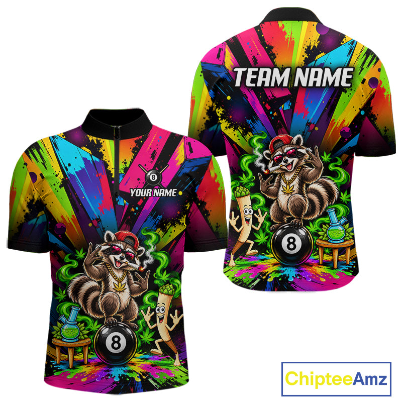 Custom Smoking Raccoon 8 Ball Men Billiard Polo 1/4-Zip Shirt Splatter Funny Pool Billiard Apparel NYN5074