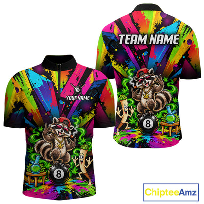 Custom Smoking Raccoon 8 Ball Men Billiard Polo 1/4-Zip Shirt Splatter Funny Pool Billiard Apparel NYN5074