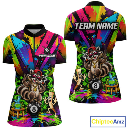 Custom Smoking Raccoon 8 Ball Women Billiard Polo 1/4-Zip Shirt Splatter Funny Pool Billiard Apparel NYN5074