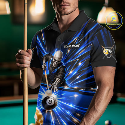 Men Skeleton Pool Billiard Polo 1/4-Zip Shirt Custom Name Blue Neon Lightning 8 Ball 9 Ball Pool Team Jersey NYN5077