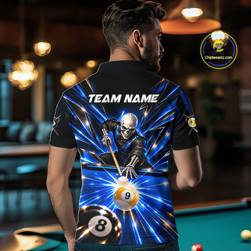 Men Skeleton Pool Billiard Polo 1/4-Zip Shirt Custom Name Blue Neon Lightning 8 Ball 9 Ball Pool Team Jersey NYN5077