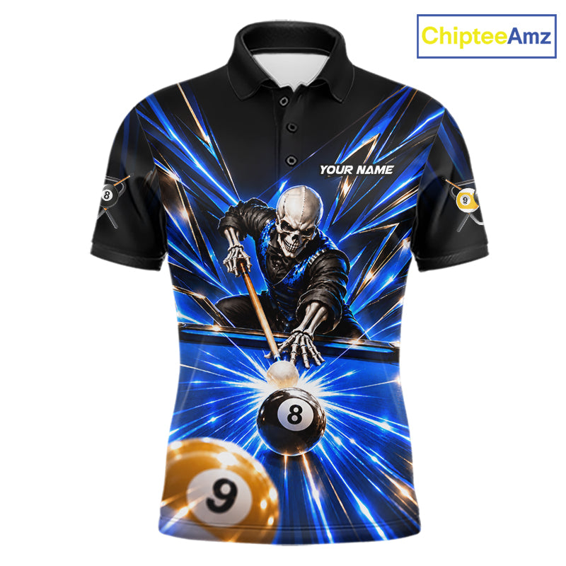 Men Skeleton Pool Billiard Polo 1/4-Zip Shirt Custom Name Blue Neon Lightning 8 Ball 9 Ball Pool Team Jersey NYN5077