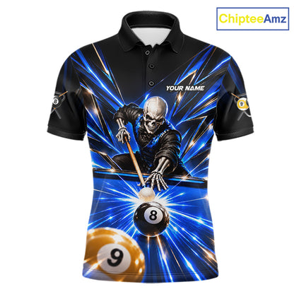Men Skeleton Pool Billiard Polo 1/4-Zip Shirt Custom Name Blue Neon Lightning 8 Ball 9 Ball Pool Team Jersey NYN5077