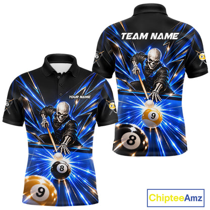 Men Skeleton Pool Billiard Polo 1/4-Zip Shirt Custom Name Blue Neon Lightning 8 Ball 9 Ball Pool Team Jersey NYN5077