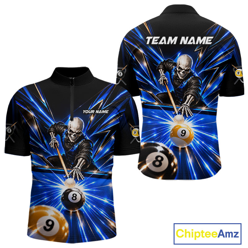Men Skeleton Pool Billiard Polo 1/4-Zip Shirt Custom Name Blue Neon Lightning 8 Ball 9 Ball Pool Team Jersey NYN5077