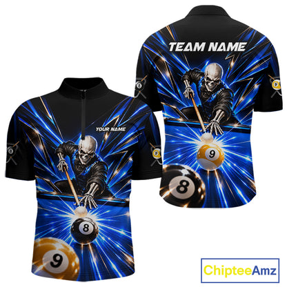 Men Skeleton Pool Billiard Polo 1/4-Zip Shirt Custom Name Blue Neon Lightning 8 Ball 9 Ball Pool Team Jersey NYN5077