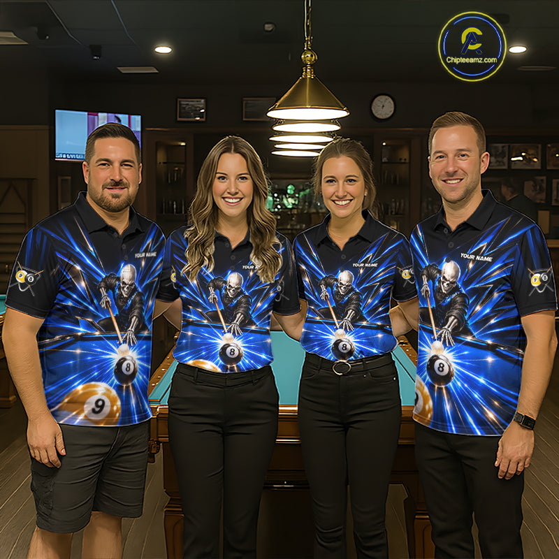 Men Skeleton Pool Billiard Polo 1/4-Zip Shirt Custom Name Blue Neon Lightning 8 Ball 9 Ball Pool Team Jersey NYN5077
