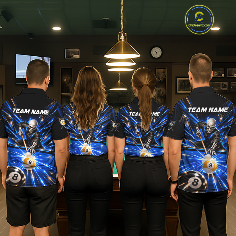 Men Skeleton Pool Billiard Polo 1/4-Zip Shirt Custom Name Blue Neon Lightning 8 Ball 9 Ball Pool Team Jersey NYN5077