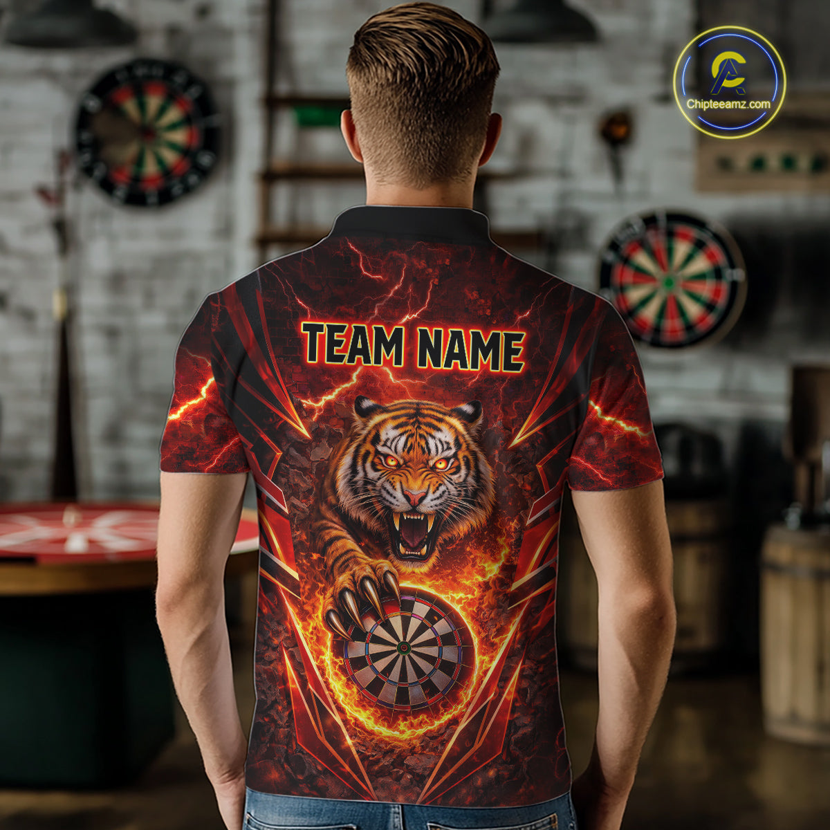 Red Flaming Tiger Thunder Dartboard Men Darts Polo Shirt Custom Funny Darts Team Jersey NYN2610