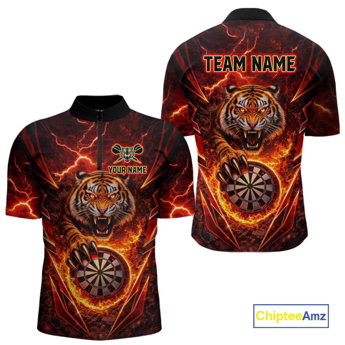 Red Flaming Tiger Thunder Dartboard Women Darts Quarter-Zip Shirt Custom Funny Darts Team Jersey NYN2610