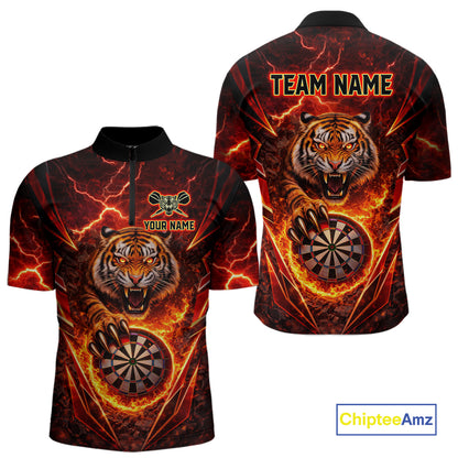 Red Flaming Tiger Thunder Dartboard Women Darts Quarter-Zip Shirt Custom Funny Darts Team Jersey NYN2610