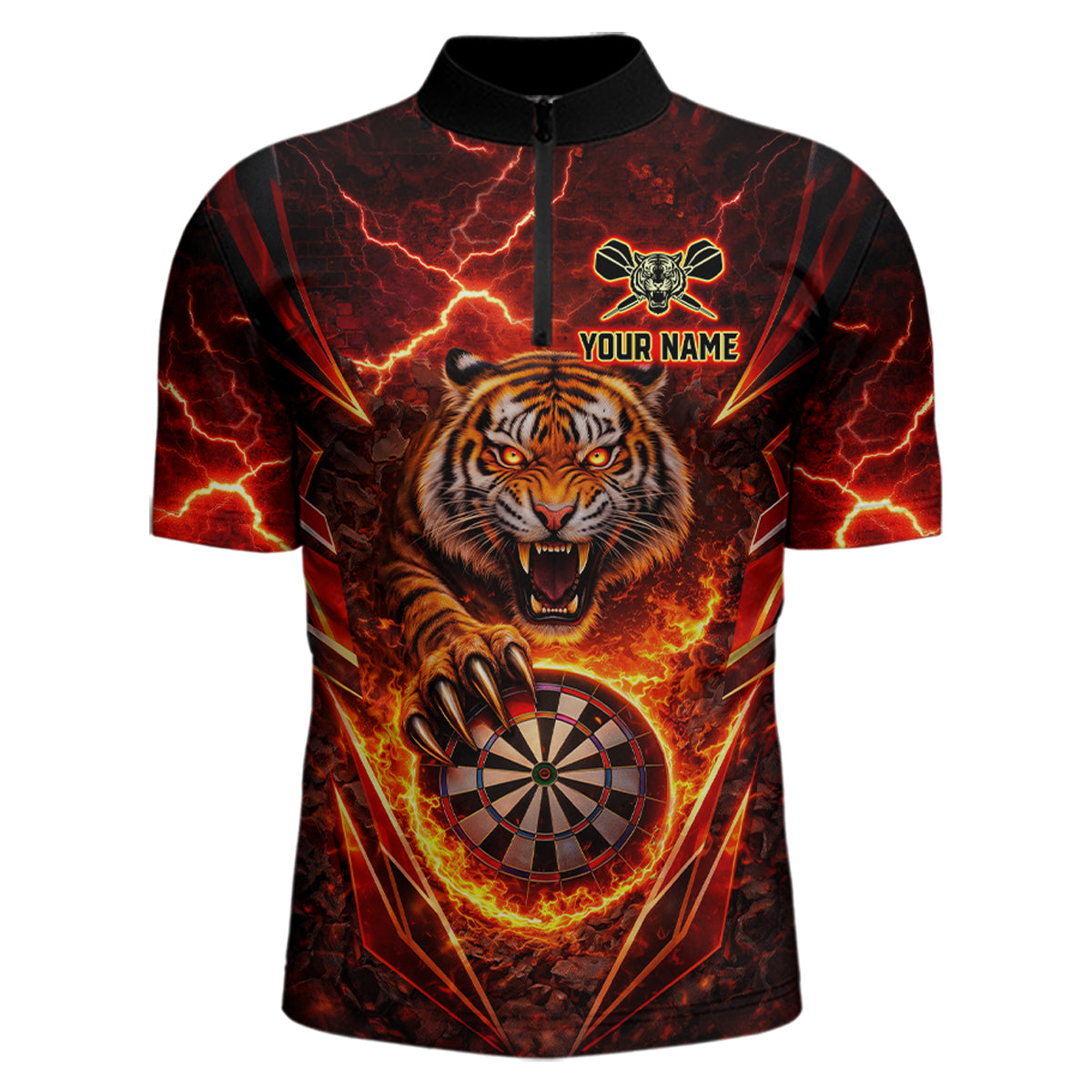Red Flaming Tiger Thunder Dartboard Women Darts Quarter-Zip Shirt Custom Funny Darts Team Jersey NYN2610