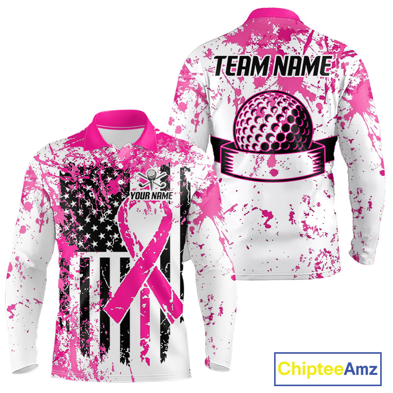 Pink American flag splatter mens golf polo breast cancer golf shirt