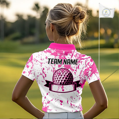 American Flag Splatter Pink Women Golf Polo Shirt Custom Breast Cancer Golf Team Outfits NYN3386