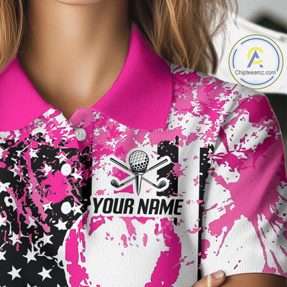 American Flag Splatter Pink Women Golf Polo Shirt Custom Breast Cancer Golf Team Outfits NYN3386