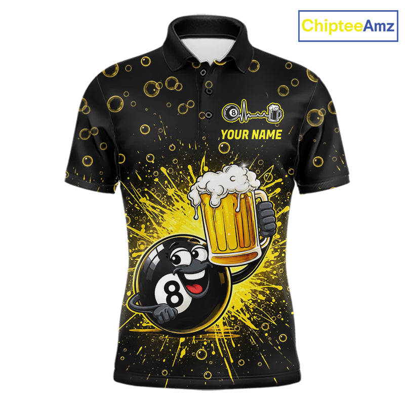 8 Ball Beer Pool Polo 1/4-Zip Shirt Custom Billiards Team Shirt Funny Drinking Beer Billiard For Men NYN4686