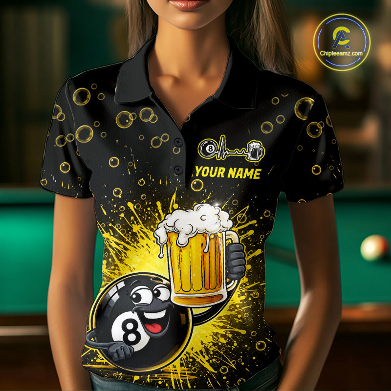 8 Ball Beer Pool Polo 1/4-Zip Shirt Custom Billiards Team Shirt Funny Drinking Beer Billiard For Women NYN4686