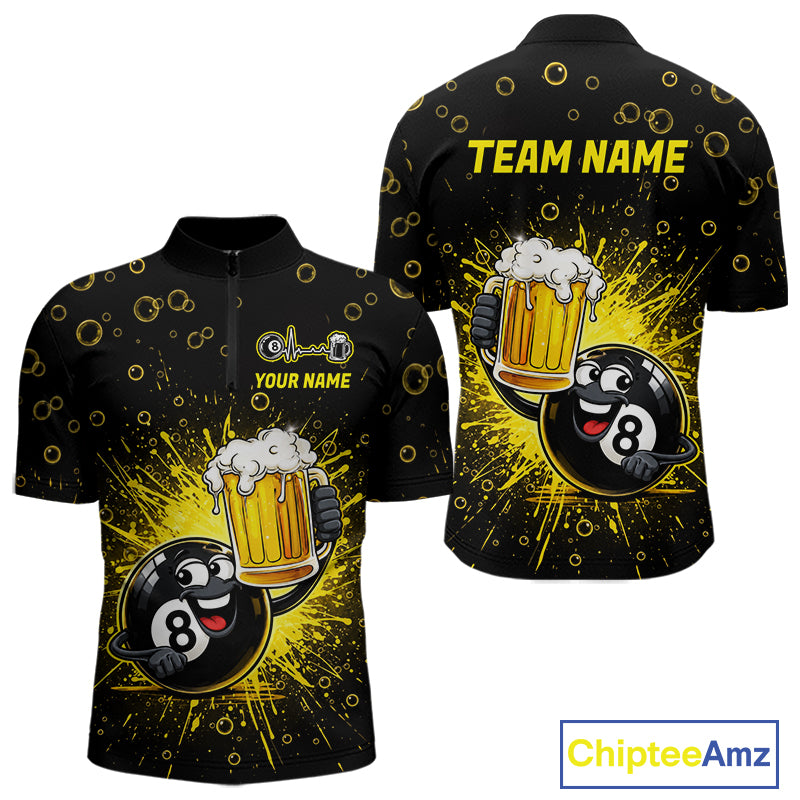 8 Ball Beer Pool Polo 1/4-Zip Shirt Custom Billiards Team Shirt Funny Drinking Beer Billiard For Men NYN4686