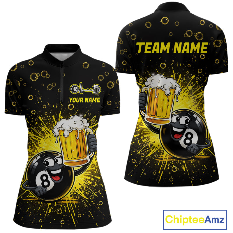 8 Ball Beer Pool Polo 1/4-Zip Shirt Custom Billiards Team Shirt Funny Drinking Beer Billiard For Women NYN4686