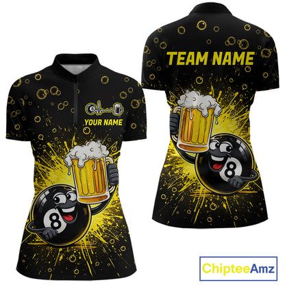 8 Ball Beer Pool Polo 1/4-Zip Shirt Custom Billiards Team Shirt Funny Drinking Beer Billiard For Women NYN4686