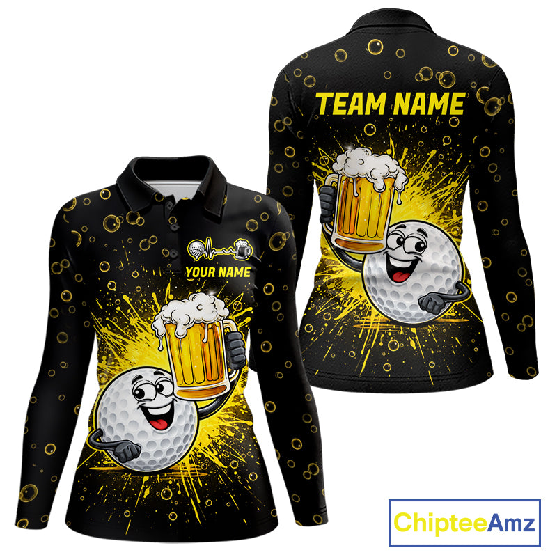 Women Golf Beer Polo Shirt Funny Golf Ball With Beer Glass Custom Team Name Golf Team Jersey NYN4687