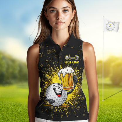 Women Golf Beer Sleeveless Polo Shirt Funny Golf Ball With Beer Glass Custom Team Name Golf Team Jersey NYN4687