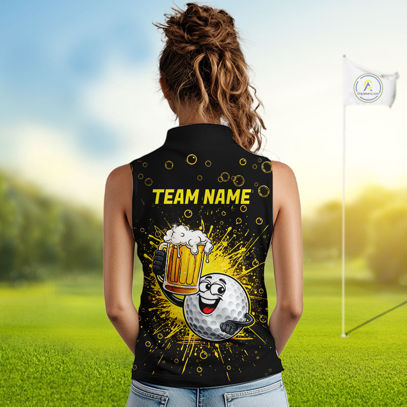 Women Golf Beer Sleeveless Polo Shirt Funny Golf Ball With Beer Glass Custom Team Name Golf Team Jersey NYN4687