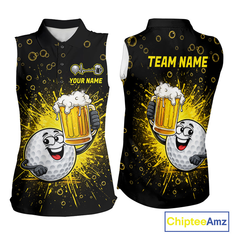 Women Golf Beer Sleeveless Polo Shirt Funny Golf Ball With Beer Glass Custom Team Name Golf Team Jersey NYN4687