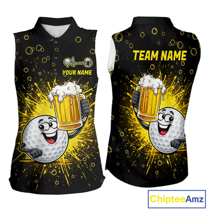 Women Golf Beer Sleeveless Polo Shirt Funny Golf Ball With Beer Glass Custom Team Name Golf Team Jersey NYN4687