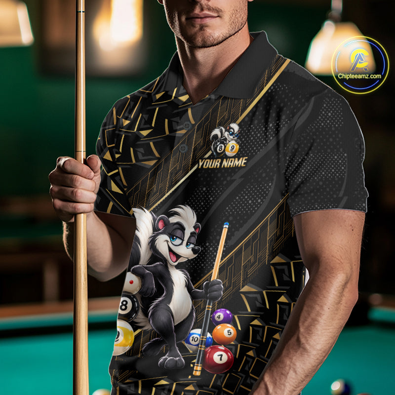 Custom Black Gold Skunk Pool Polo 1/4-Zip Shirt For Men Funny 8 Ball Billiard Team Apparel Gift NYN5088
