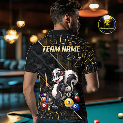 Custom Black Gold Skunk Pool Polo 1/4-Zip Shirt For Men Funny 8 Ball Billiard Team Apparel Gift NYN5088