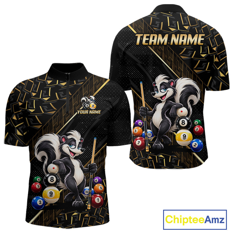 Custom Black Gold Skunk Pool Polo 1/4-Zip Shirt For Men Funny 8 Ball Billiard Team Apparel Gift NYN5088
