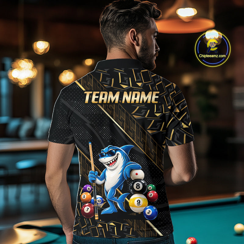 Custom Black Gold Shark Pool Polo 1/4-Zip Shirt For Men Funny 8 Ball Billiard Team Apparel Gift NYN5089