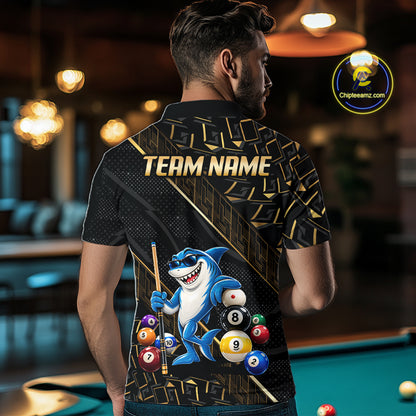 Custom Black Gold Shark Pool Polo 1/4-Zip Shirt For Men Funny 8 Ball Billiard Team Apparel Gift NYN5089