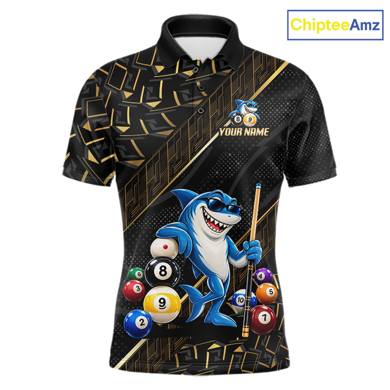 Custom Black Gold Shark Pool Polo 1/4-Zip Shirt For Men Funny 8 Ball Billiard Team Apparel Gift NYN5089