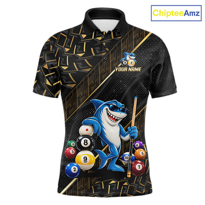 Custom Black Gold Shark Pool Polo 1/4-Zip Shirt For Men Funny 8 Ball Billiard Team Apparel Gift NYN5089