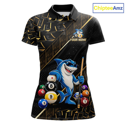 Custom Black Gold Shark Pool Polo 1/4-Zip Shirt For Women Funny 8 Ball Billiard Team Apparel Gift NYN5089