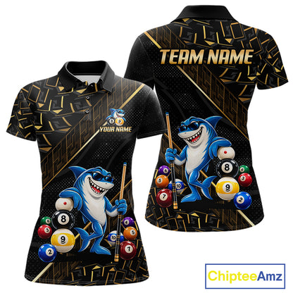 Custom Black Gold Shark Pool Polo 1/4-Zip Shirt For Women Funny 8 Ball Billiard Team Apparel Gift NYN5089