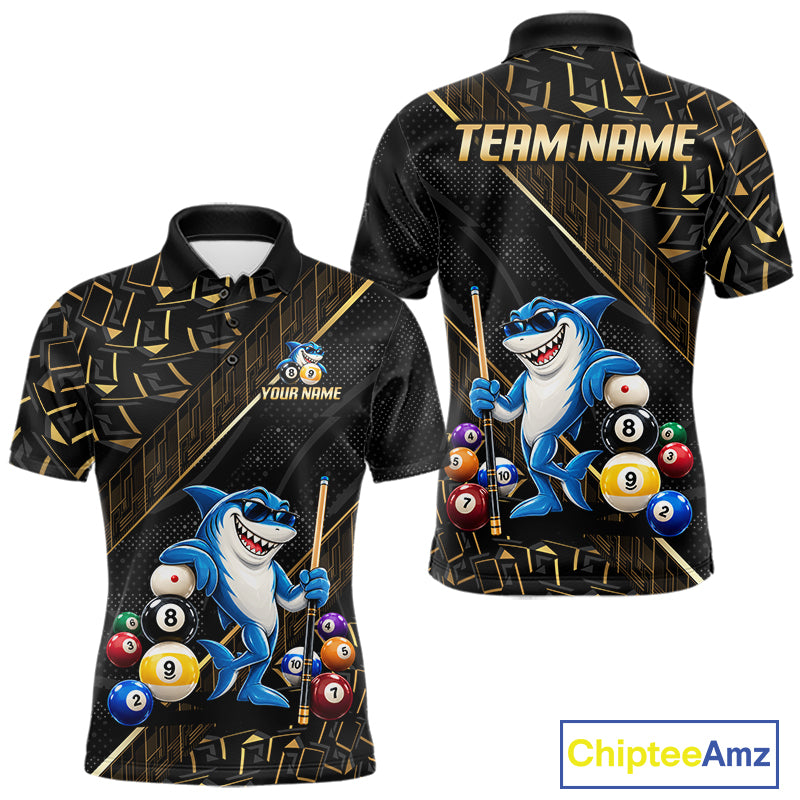 Custom Black Gold Shark Pool Polo 1/4-Zip Shirt For Men Funny 8 Ball Billiard Team Apparel Gift NYN5089