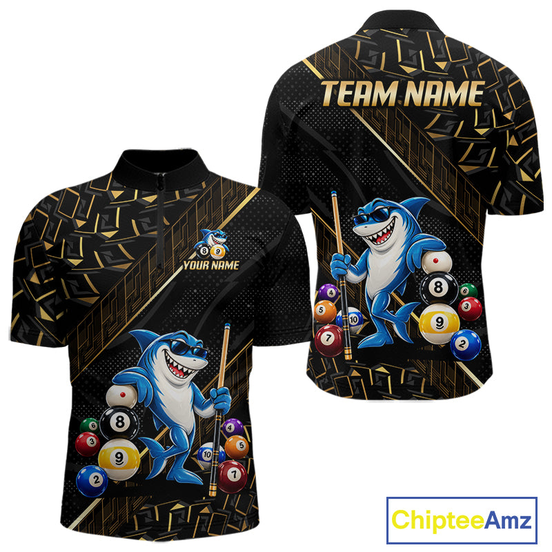 Custom Black Gold Shark Pool Polo 1/4-Zip Shirt For Men Funny 8 Ball Billiard Team Apparel Gift NYN5089