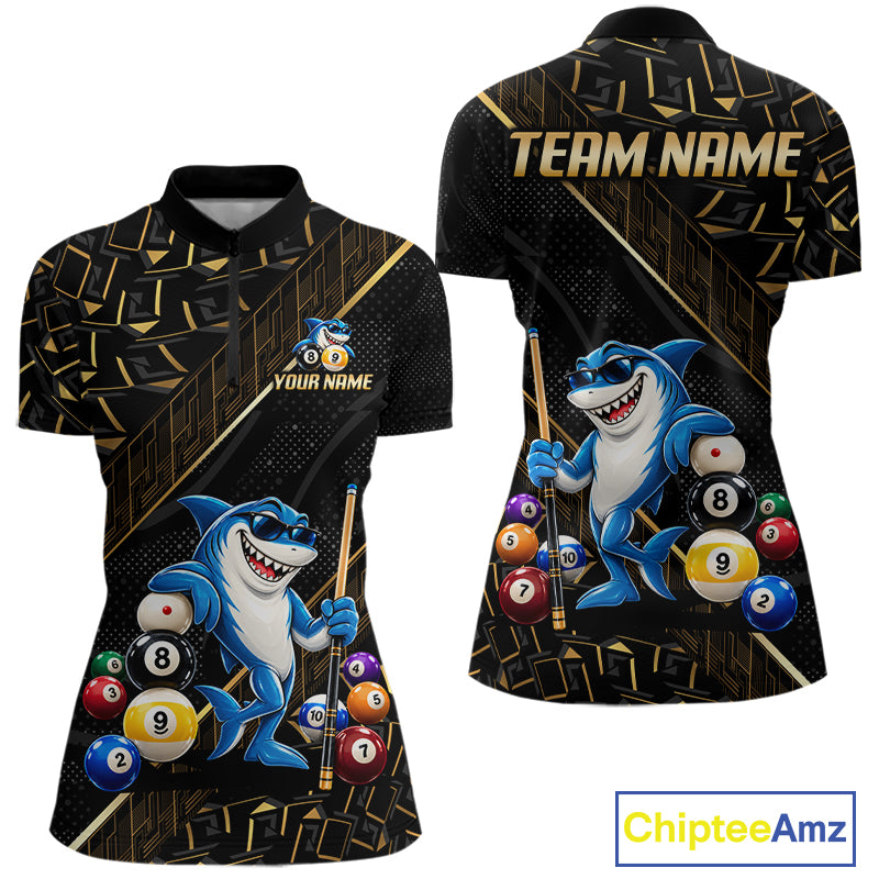 Custom Black Gold Shark Pool Polo 1/4-Zip Shirt For Women Funny 8 Ball Billiard Team Apparel Gift NYN5089