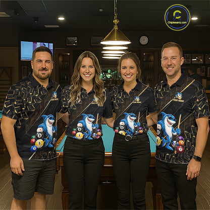Custom Black Gold Shark Pool Polo 1/4-Zip Shirt For Men Funny 8 Ball Billiard Team Apparel Gift NYN5089