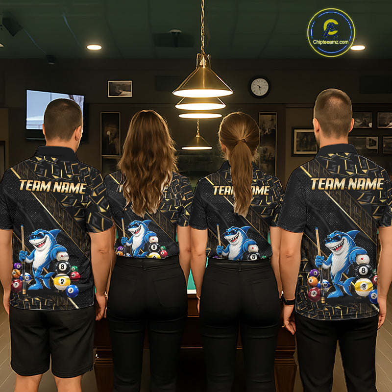 Custom Black Gold Shark Pool Polo 1/4-Zip Shirt For Men Funny 8 Ball Billiard Team Apparel Gift NYN5089