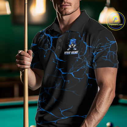 Men Funny Billiard Chalk Polo 1/4-Zip Shirt Custom Name Blue Lightning 8 Ball Pool Team Jersey NYN5090