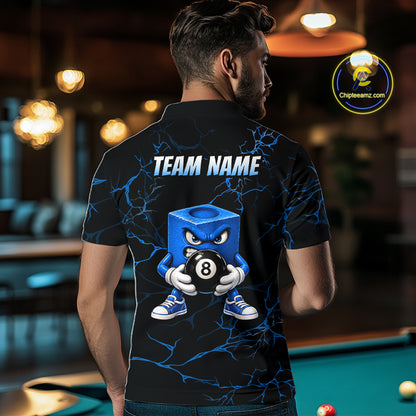 Men Funny Billiard Chalk Polo 1/4-Zip Shirt Custom Name Blue Lightning 8 Ball Pool Team Jersey NYN5090